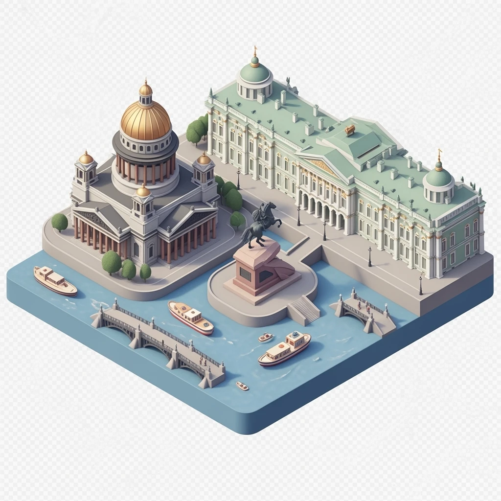 Isometric illustration of Saint Petersburg with the Saint Isaac’s Cathedral, the photorealistic Winter Palace, and the Bronze Horseman statue, toy boats and bridges, in pastel miniature diorama style, transparent background emoji