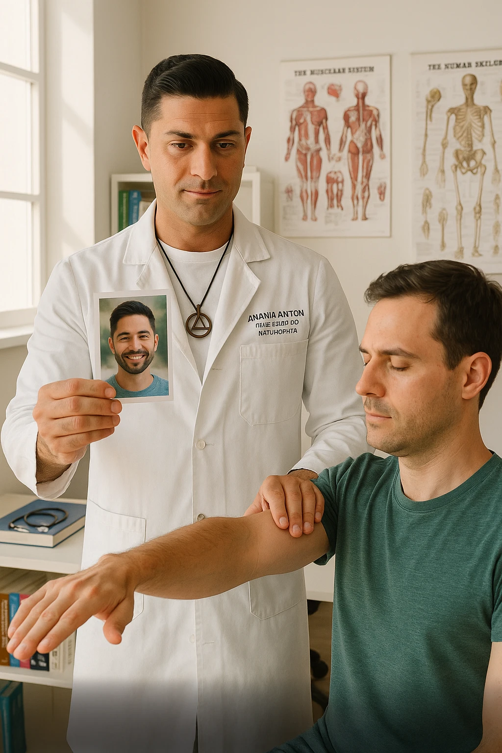 a middle-aged man, dressed in casual professional attire, is in a bright, organized therapy studio. Durante una visita di kinesiologia, il ragazzo tiene con una mano la foto di una persona lontana (il “testimone”) tiene la foto in mano, mentre con l’altra mano esegue un test muscolare su un cliente presente senza foto lui non tiene la foto. Sullo sfondo si vedono libri di kinesiologia, poster anatomici e strumenti tipici della disciplina. L’atmosfera è concentrata e serena, con luce naturale che entra dalla finestra, sottolineando l’aspetto alternativo e umano della pratica. emoji