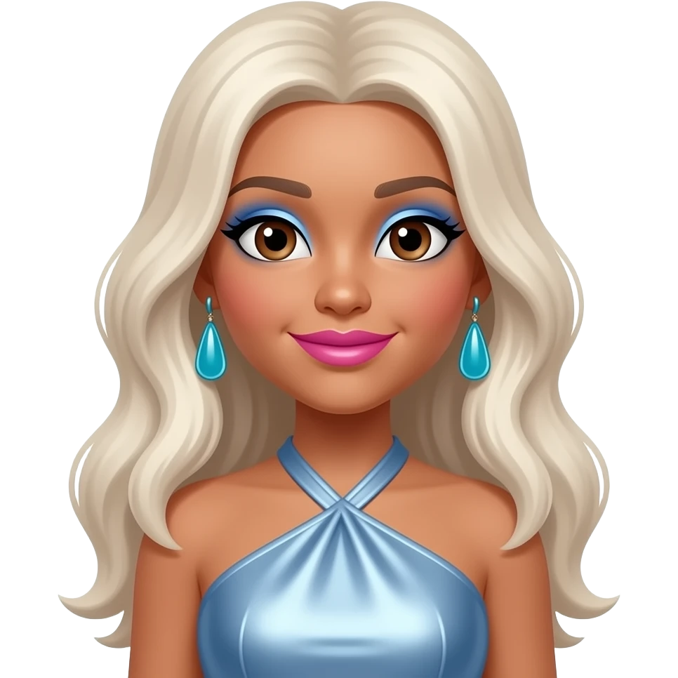 Icy NiNi from The Next Kidz with light medium skin, brown eyes, long platinum blonde hair, blue eyeshadow, hot pink lipstick, light blue metallic halter dress, cyan earrings emoji
