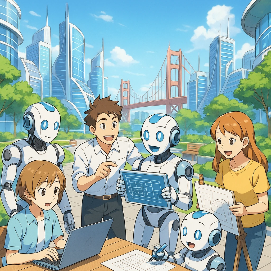 Anime-style AI and humans working together in a bright, clean, futuristic San Francisco, joyful and optimistic emoji