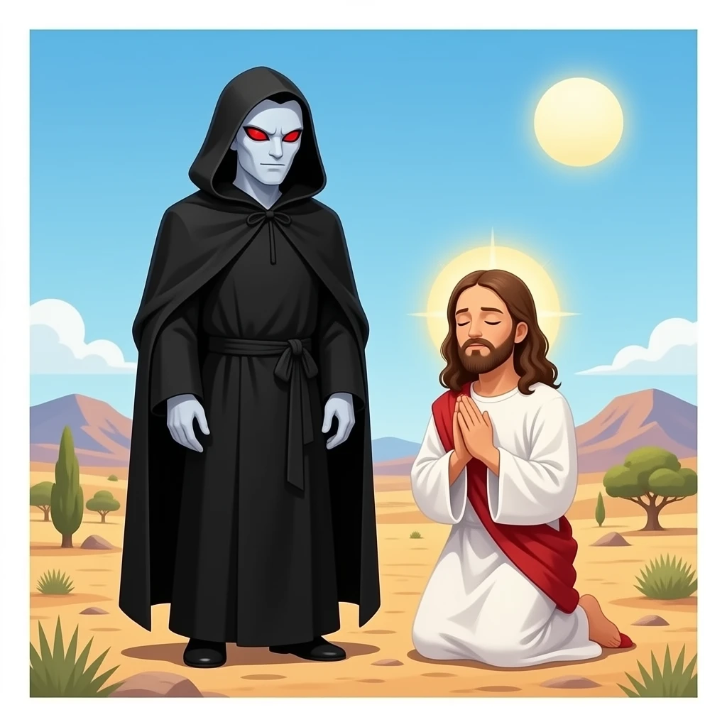 A full bodied evil man standing near by, pale  skin, red serpent eyes, slim black slit pupils, wearing a black hooded robe from biblical times trying to tempt Jesus as he prays on his knees, eyes closed in the middle of the wilderness emoji