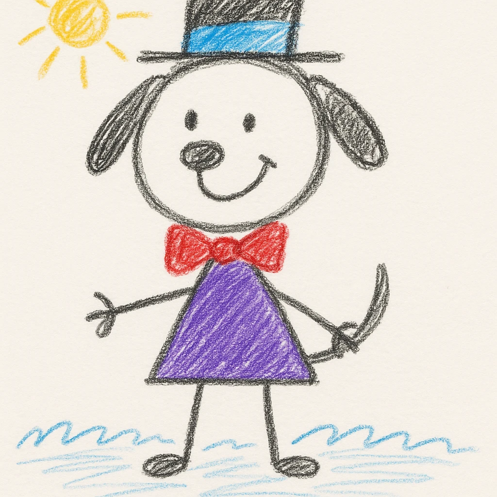 a dog with a top hat and bow tie, playful illustration, hand drawn children's illustration style emoji