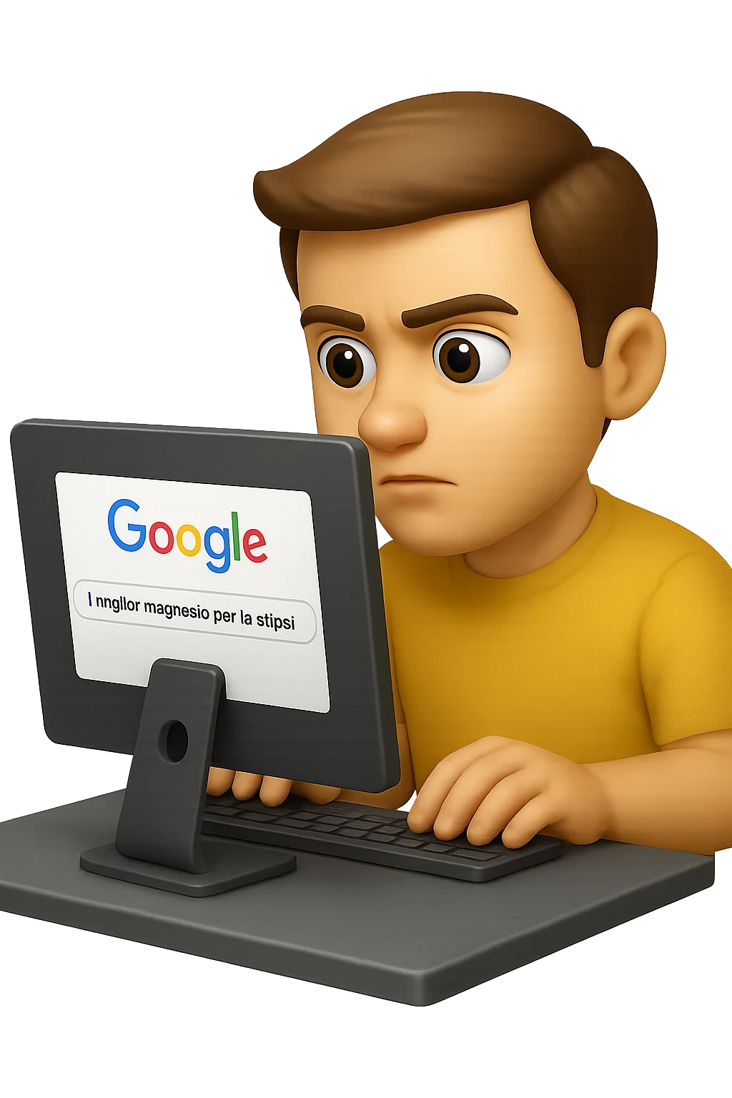 emoji stile iphone di un uomo davanti al pc che cerca di google: "Il miglior magnesio per la stipsi", iperrealistico 4k emoji