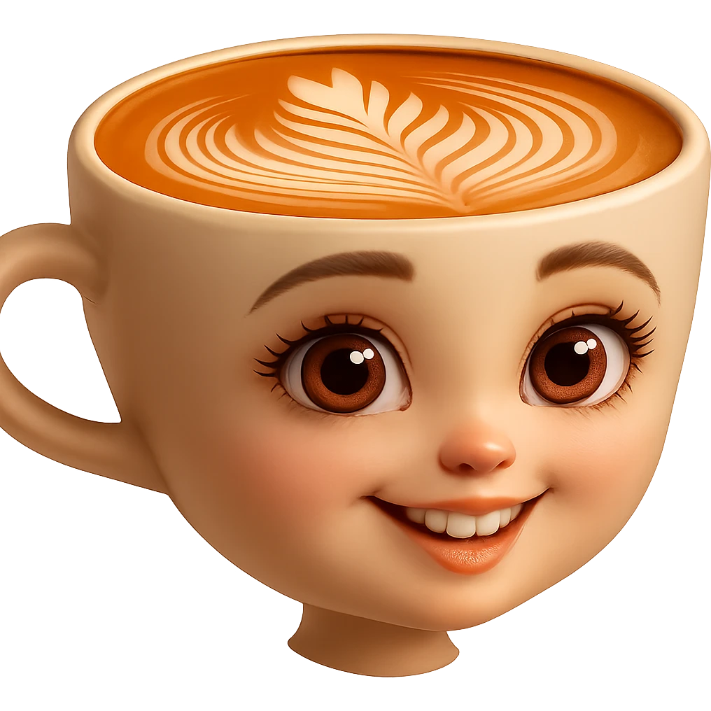 Edita la imagen para que el personaje de la taza de café  MANTENGA exactamente su estilo original,  y colores según la imagen de referencia. ELIMINA FONDO PARA QUE QUEDE TIPO EMOJI NO DBE TENER CUELLO.EL AZA O MANGA DE LA TAZA  DEBE SER COMPLETAMENTE VISIBLE emoji