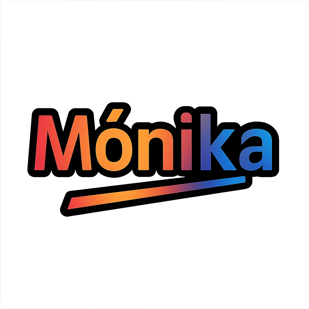 Mónika name in modern colorful gradient font with dark outline, dynamic slanted or partial underline, transparent background, in the style of reference patterns emoji