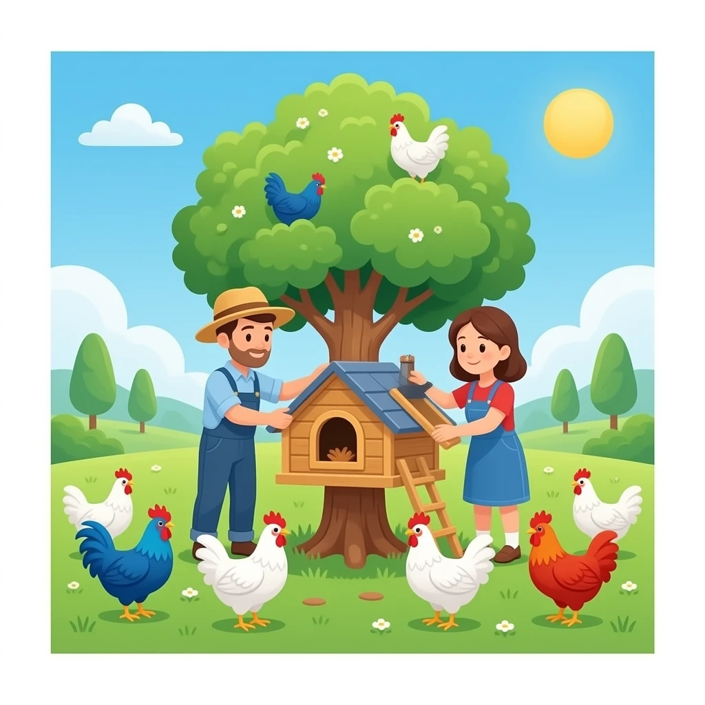Construire un poulailler dans un arbre avec deux hommes  et deux femmes bricoleur et des poules bleu blanc rouge comme le drapeau français emoji