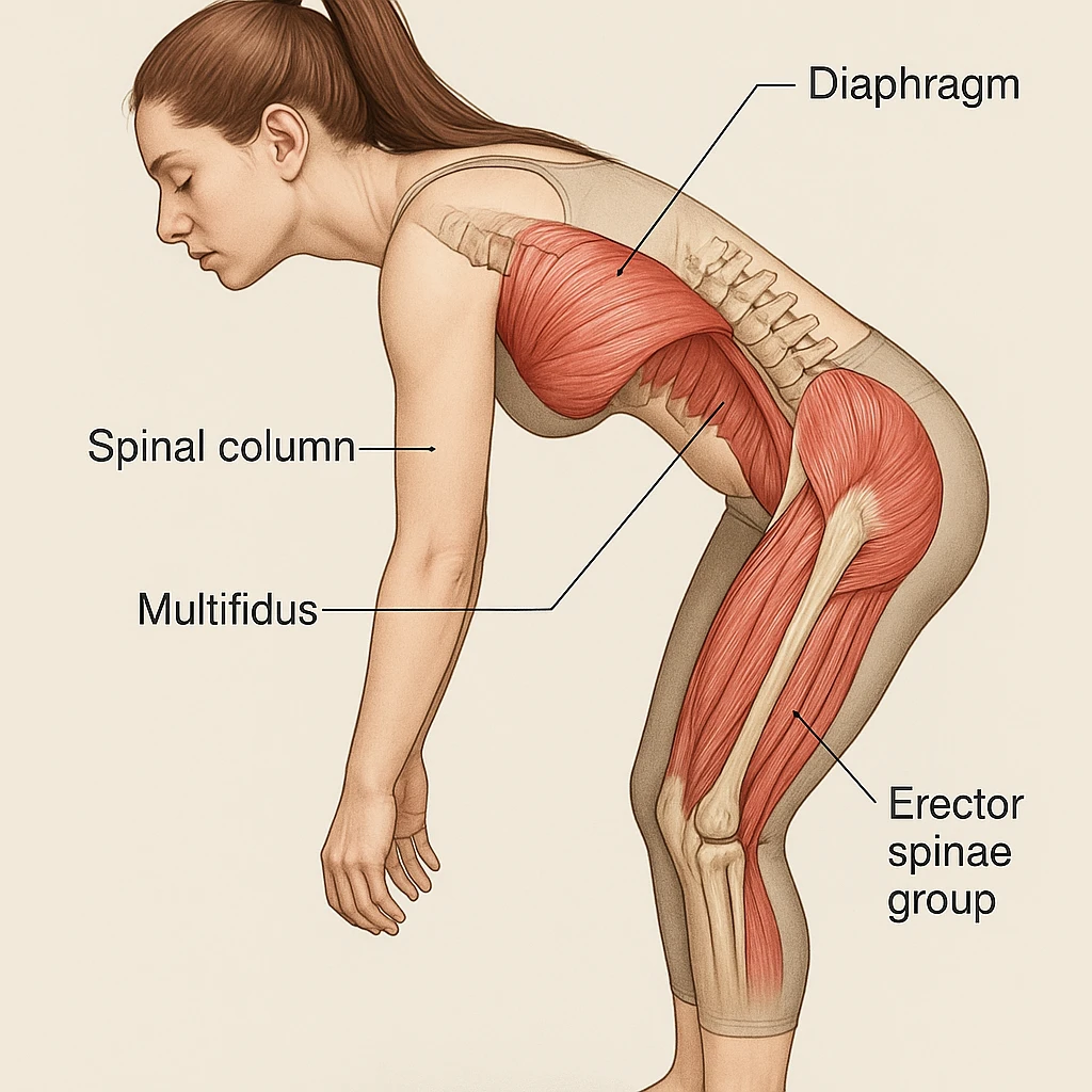 Anatomical illustration of the girl in this position focusing on the diaphragm, spinal column, and postural muscles in a medical style. emoji