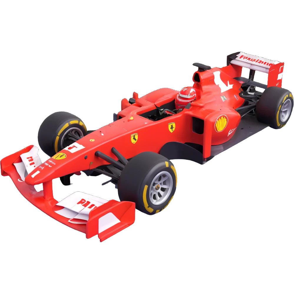 Ferrari F1 2004 car, side view, bright red, racing details, Michael Schumacher's number and helmet, stylized for emoji or icon use emoji