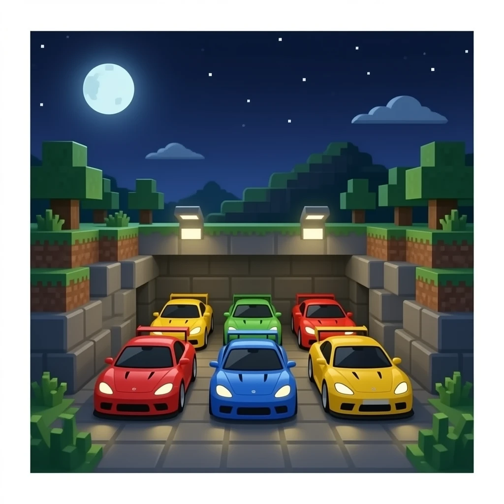 Race car interior in a minecraft cave with 5 cars emoji