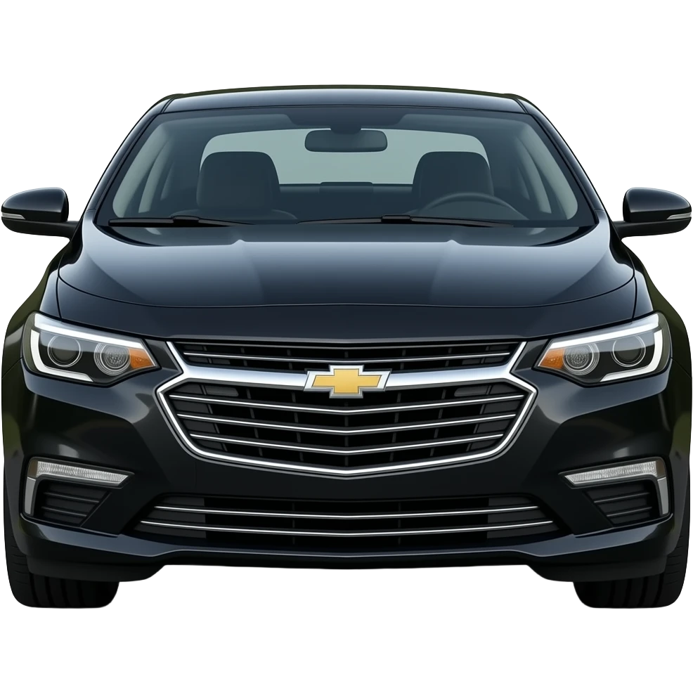 A realistic, high-detail photograph of a glossy black Chevrolet Malibu 2 Turbo Premier sedan with tinted windows and black alloy rims, car headlights on the front emoji