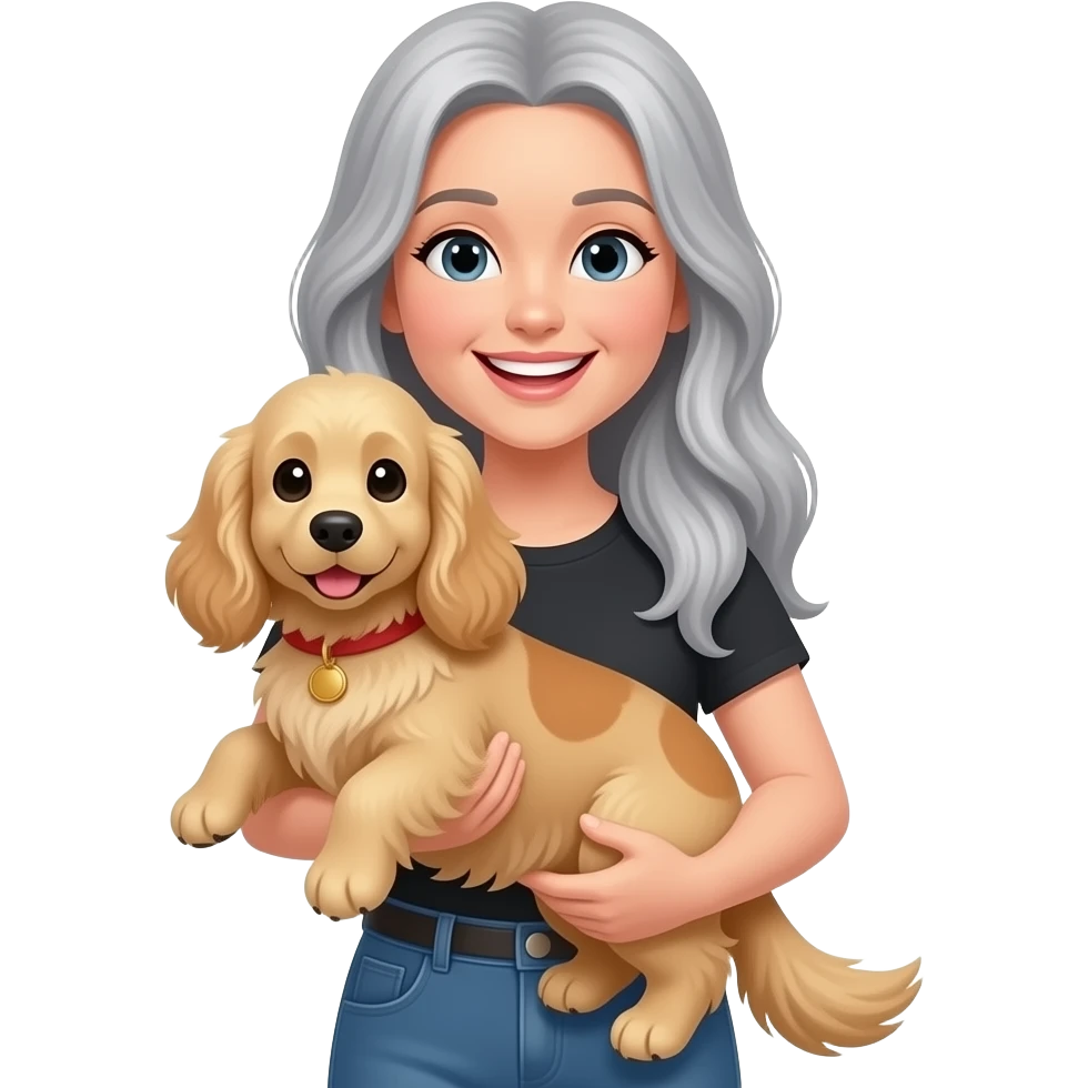 smiling brunette smiling lady with long grey hair holding a golden cocker spaniel emoji