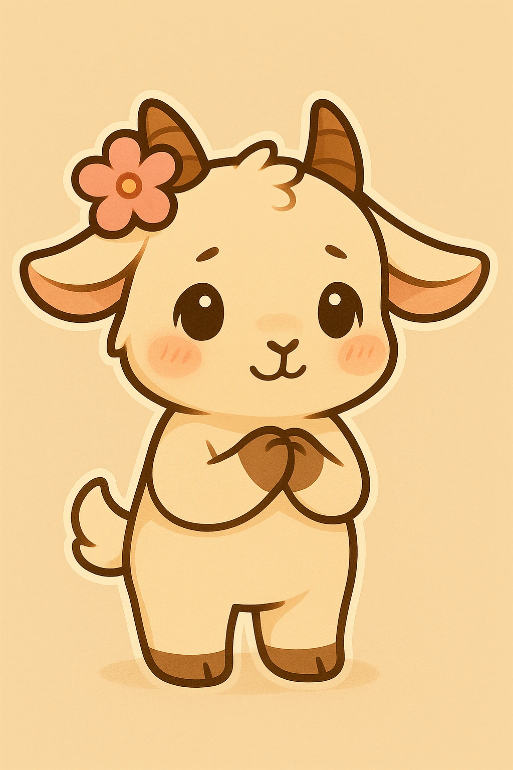 Add a little pink flower in front of one horn of the chibi goat. Make the chibi goat look up at the viewer with shy eyes, keeping the bashful and shy pose, slight blush, hands together in front, both legs on the ground. Keep a simple background. emoji
