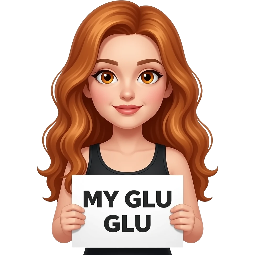 sexy girl with long wavy ginger hair and ginger eyes wearing a black tanktop is holding a white colored sign with MY GLU GLU written on it emoji