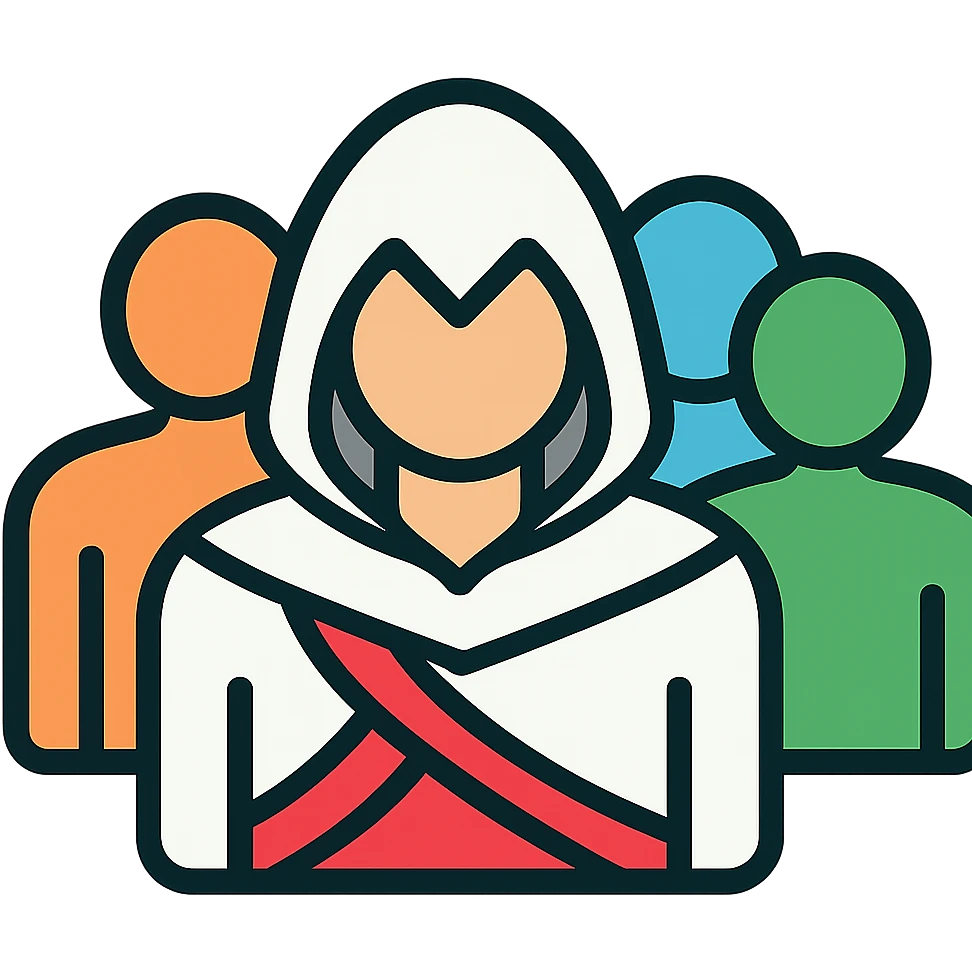 assassin's creed character blending into a crowd, minimalist, rounded, soft lines, simple shapes, Airbnb icon style emoji