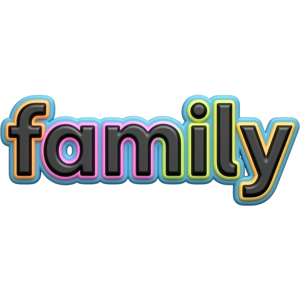 name "family" in black, 3D style typography lettering, with each neon pastel color as aa layeredoutlined around each letter, isolated, 3d rendering, no emoji icons no emoji faces and must have no human figures emoji