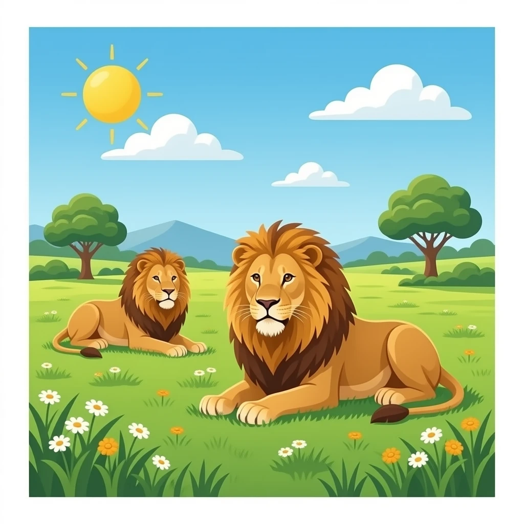 a peaceful meadow with hunting lions in the background emoji