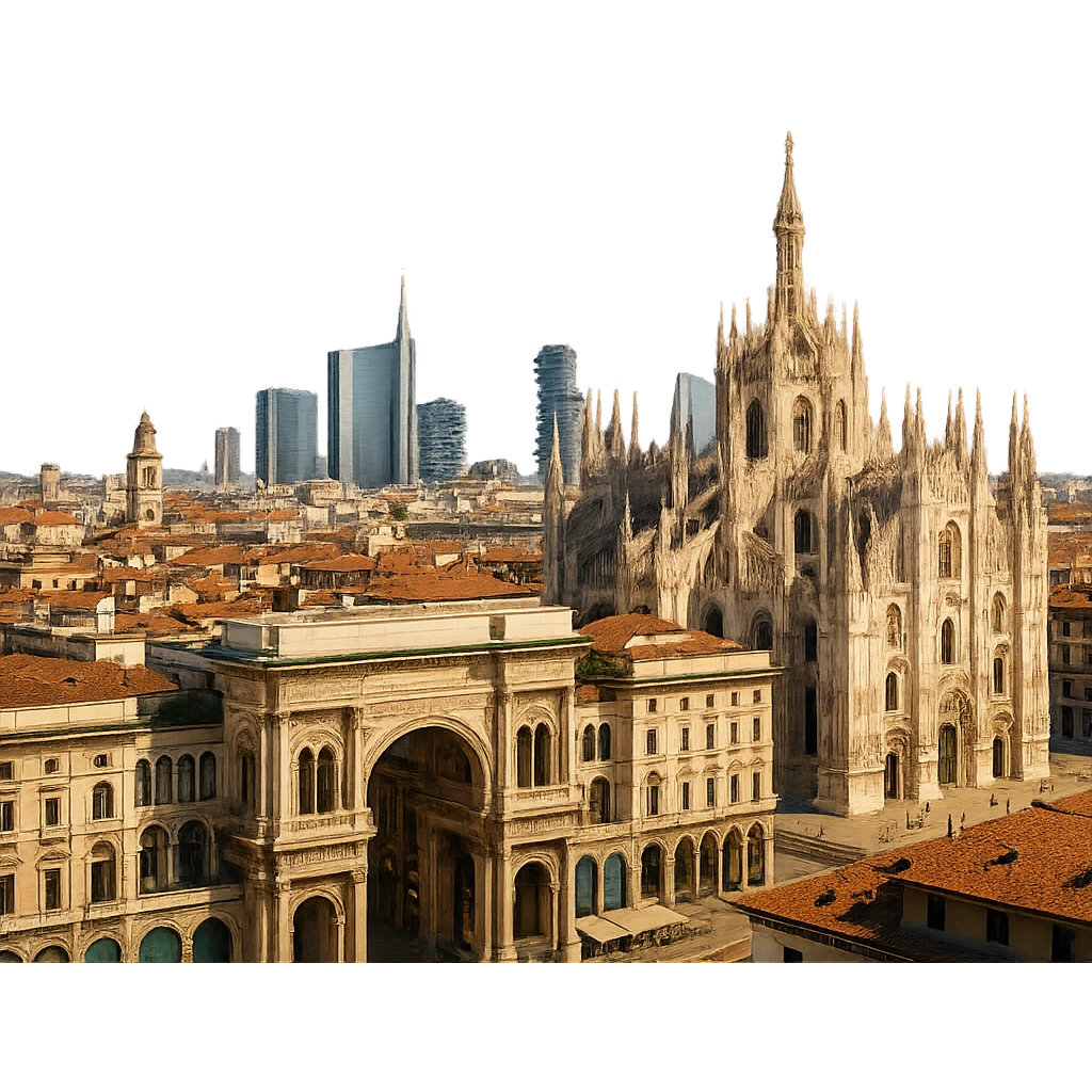 cinematic, realistic emoji of Milan, wide city view with iconic landmarks including Milan Cathedral (Duomo di Milano), Galleria Vittorio Emanuele II, modern Porta Nuova skyline, lifelike detail, accurate colors, bright daytime lighting, no sky, no clouds, fully transparent background emoji