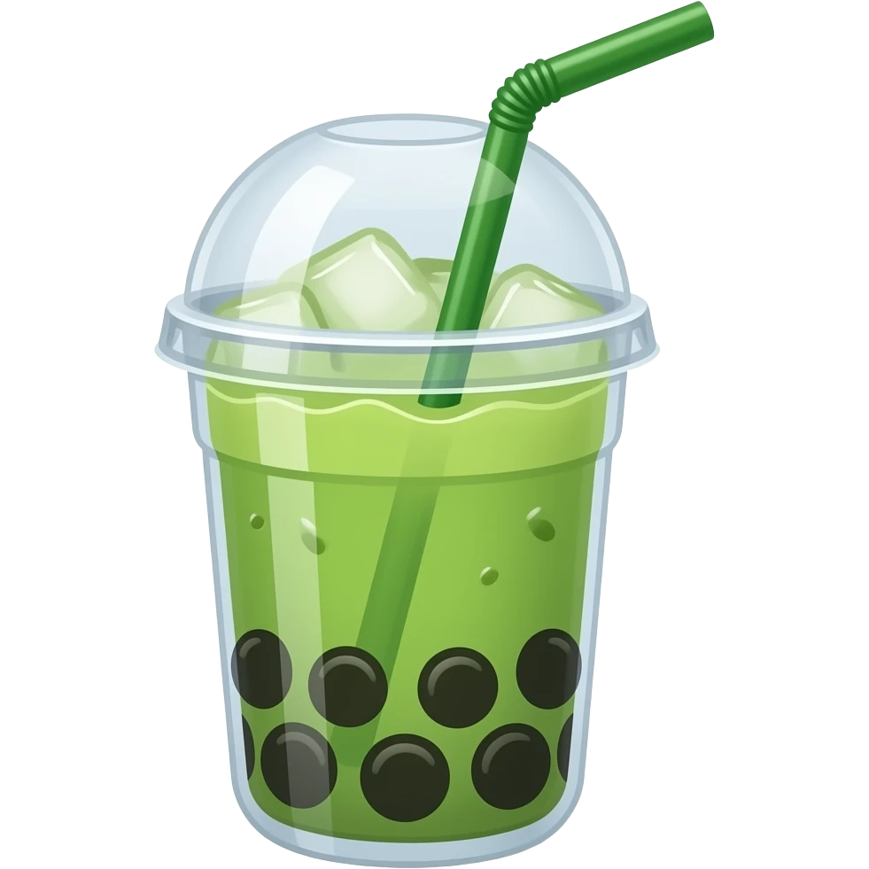 Green matcha cold with ice and straw in a takeaway glass covered green straw and boba emoji