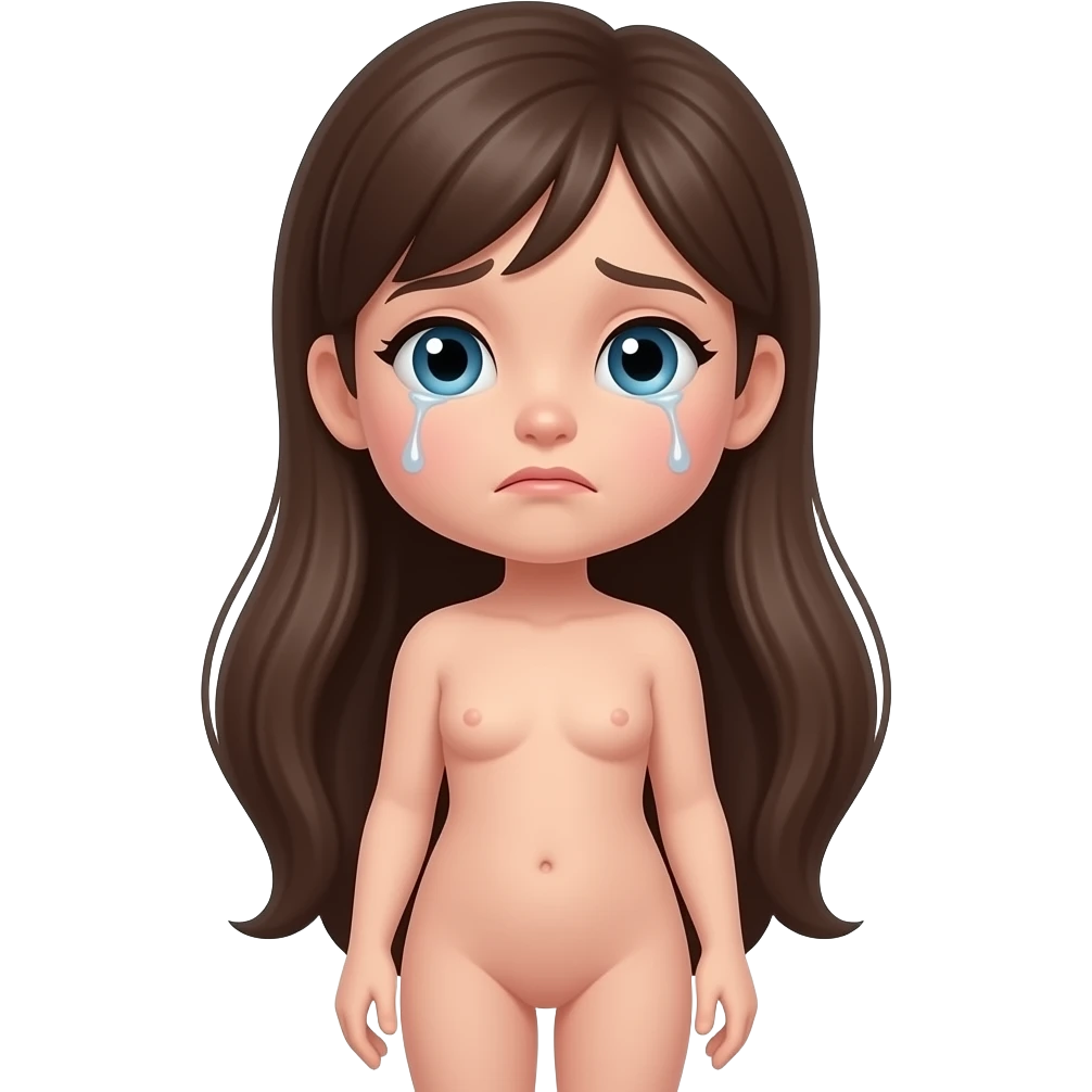 Full body, small little nude girl, flat chest, crying thin hips and ass, thin pussy, middle age 30 long hair emoji