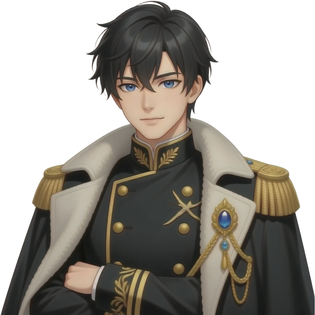 handsome muscular anime noble, jet black layered hair, piercing oceanblue eyes, pale skin, sharp aristocratic features, wearing black navy high-collared military-style uniform with gold embroidery, gold-trimmed cuffs, gold-trimmed cuffs, gold epaulette with blue gemstone brooch & wool-collared coat emoji