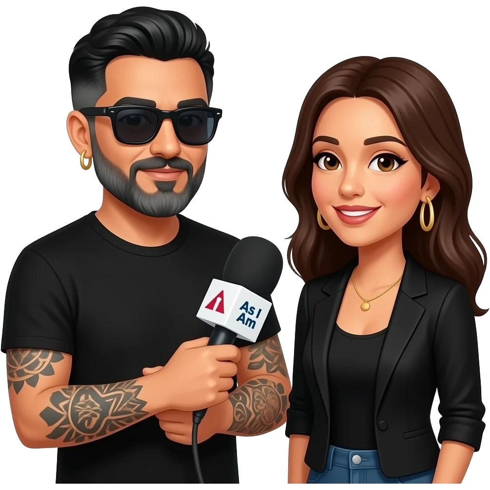 A podcast host, a handsome Latino man with medium hair, a graying beard, tattoos, hoops in his nose and ear, all in black with sunglasses, interviews a woman in front of a microphone with a logo reading "As I Am." emoji