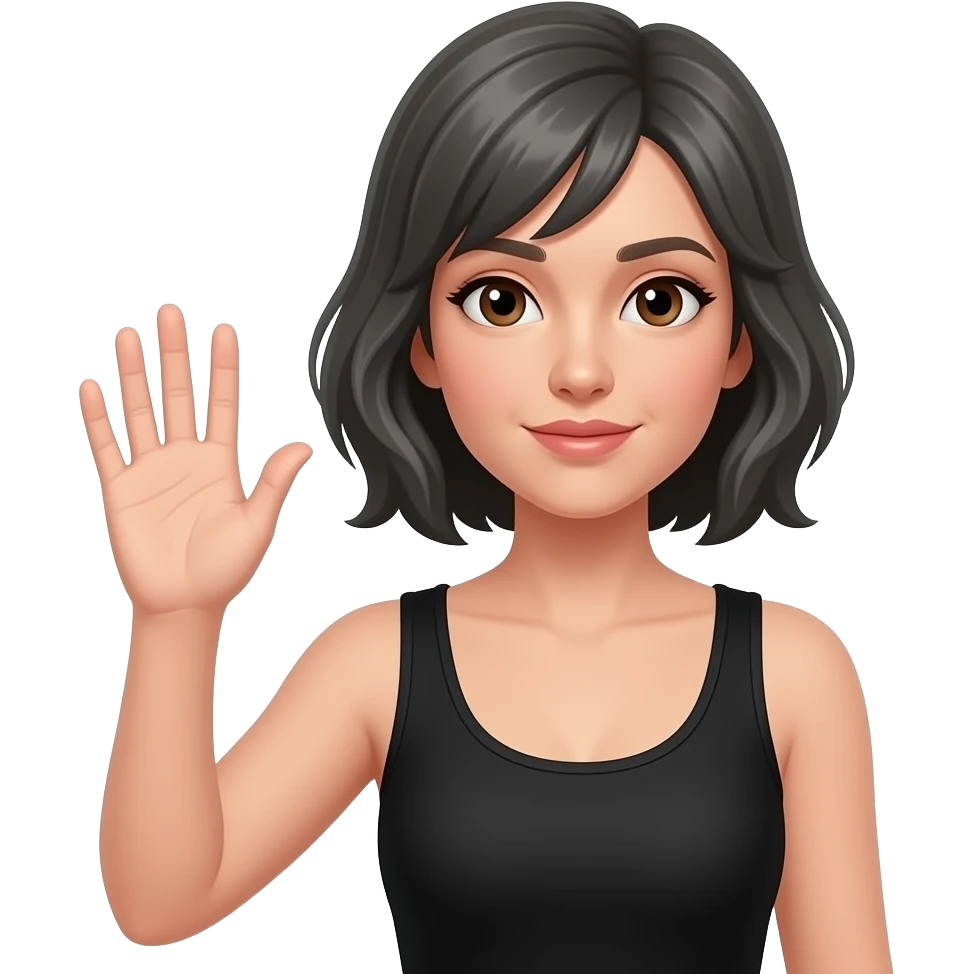 MUJER CON PELO GRIS SEMI CORTO OSCURO LEVANTANDO LA MANO DERECHA COMO PIDIENDO TURNO CON REMERA NEGRA CON OJOS MARRONES emoji