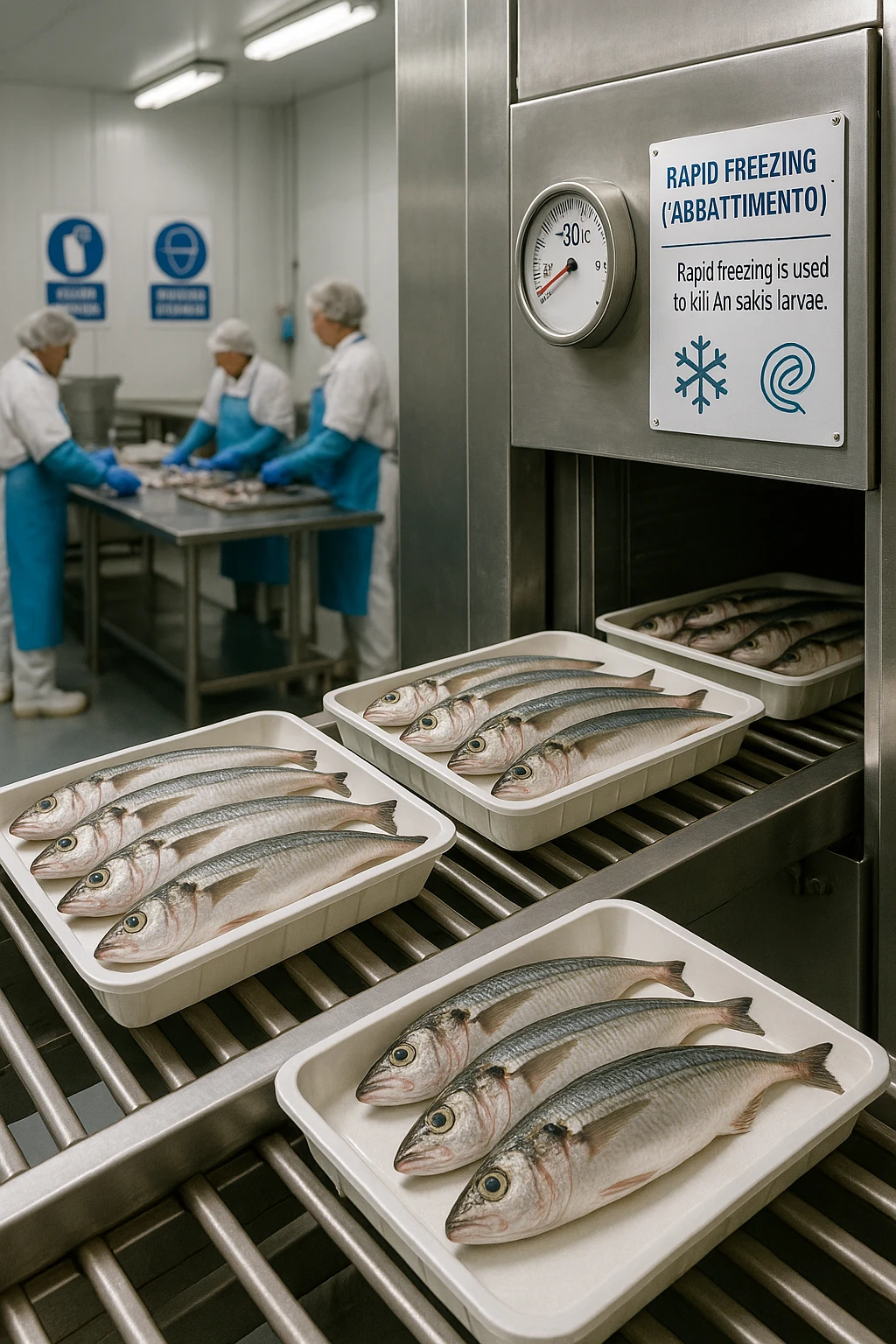 a fish processing facility where freshly caught fish are placed on trays and moved into a large industrial freezer. A temperature gauge shows -20°C, and an educational label explains that rapid freezing (abbattimento) is used to kill Anisakis larvae. The background includes workers in protective clothing and clear signage about food safety. emoji