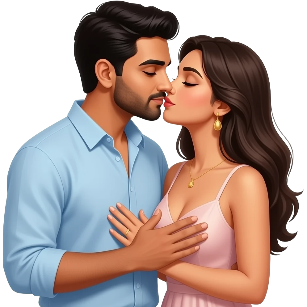 Husband kissing wife lovingly Indian couple modern casual dress. Husband hand on wife chest. Lady low neck, husband no beard no moustache emoji
