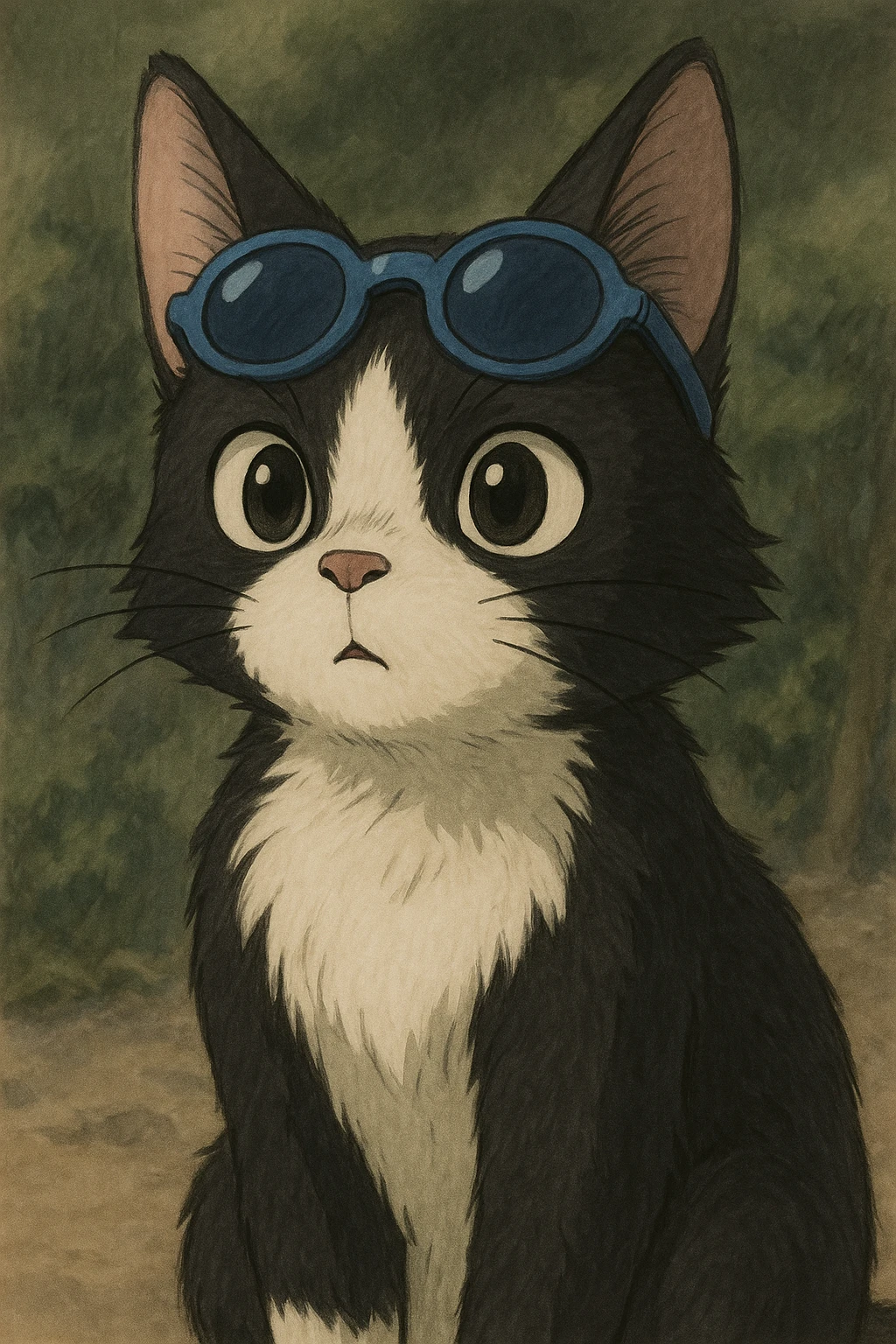 black and white cat wearing blue sunglasses in ghibli style emoji