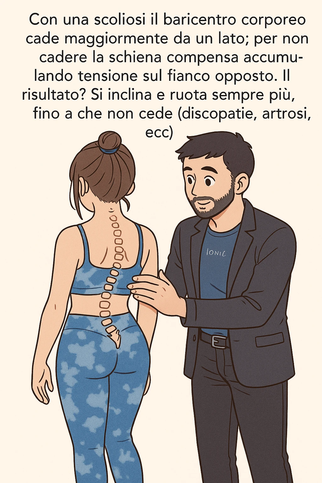 fai questa immagine in versione manga/webtoon a colori con stile di disegno carino e moderno, il manga mostra la donna di spalle, mentre l'uomo le tocca la spina dorsale per spiegarle come funziona la scoliosi:
Con una scoliosi il baricentro corporeo cade maggiormente da un lato; per non cadere la schiena compensa accumulando tensione sul fianco opposto.
Il risultato? Si inclina e ruota sempre più, fino a che non cede (discopatie, artrosi, ecc) emoji