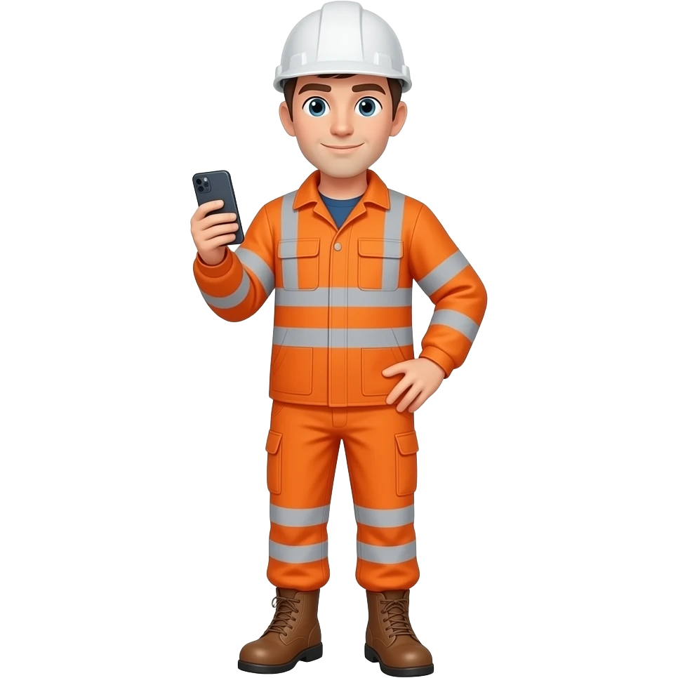 engineer in full Hi-vis orange clothing and boots holding a mobile phone emoji