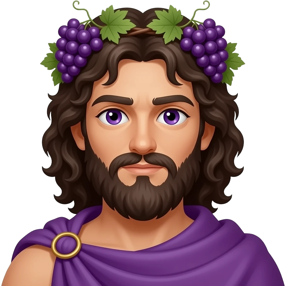 Bacchus from Roman Mythology with purple eyes, long dark brown curly hair, purple cloak, purple grapevine crown emoji
