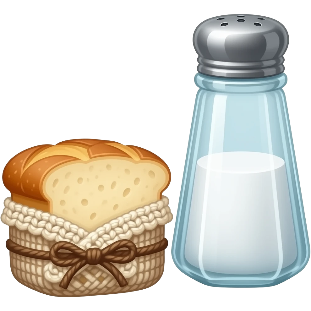 steampunk style - a small cut-out peasant bread wrapped in crocheted fabric, next to which stands a large glass salt shaker emoji