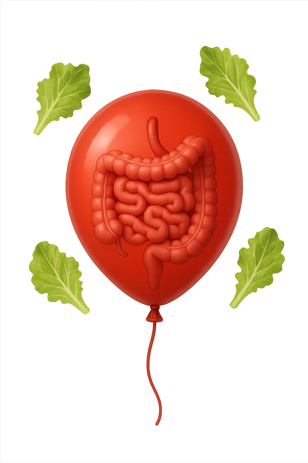 intestino chiuso in un palloncino rosso e foglie di insalata che fluttuano intorno emoji