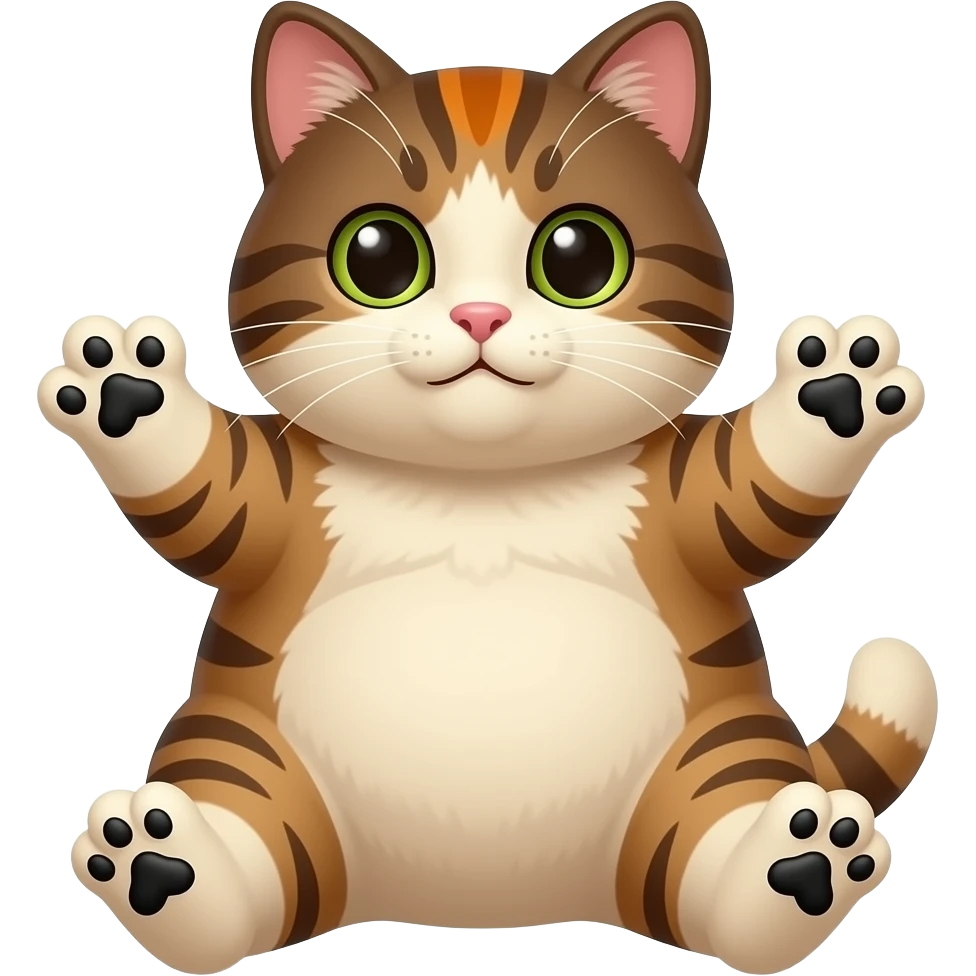 Fat Brown and cream color tabby cat with orange spot on forehead. Sitting like a person with black toebeans showing. holding up heart hands emoji