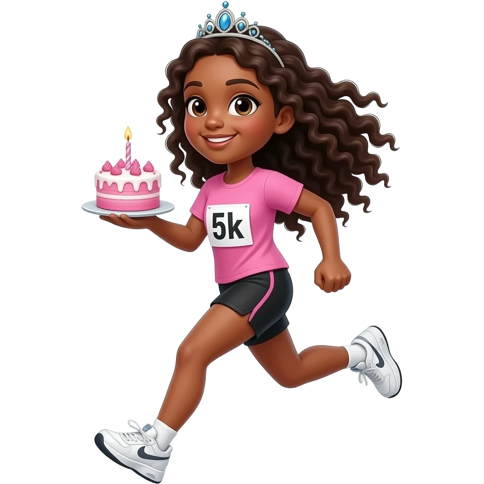 white skin girl with long dark brown curly hair running wearing black shorts, a blank pink tshirt, white sneakers, tiara, and 5k run bib while holding a mini pink birthday cake emoji