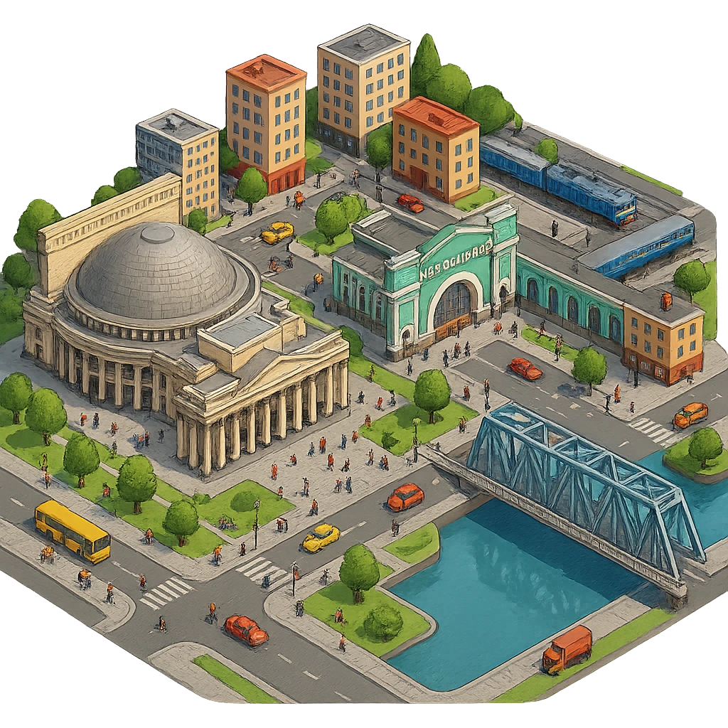 Изометричная миниатюрная фотореалистичная 3D модель Новосибирска - Опера, Вокзал, мост через Обь, дома, четкая детализация, яркие цвета, мультяшный реализм, люди, автотранспорт, компактная композиция, вид сверху в изометрии, прозрачный фон emoji