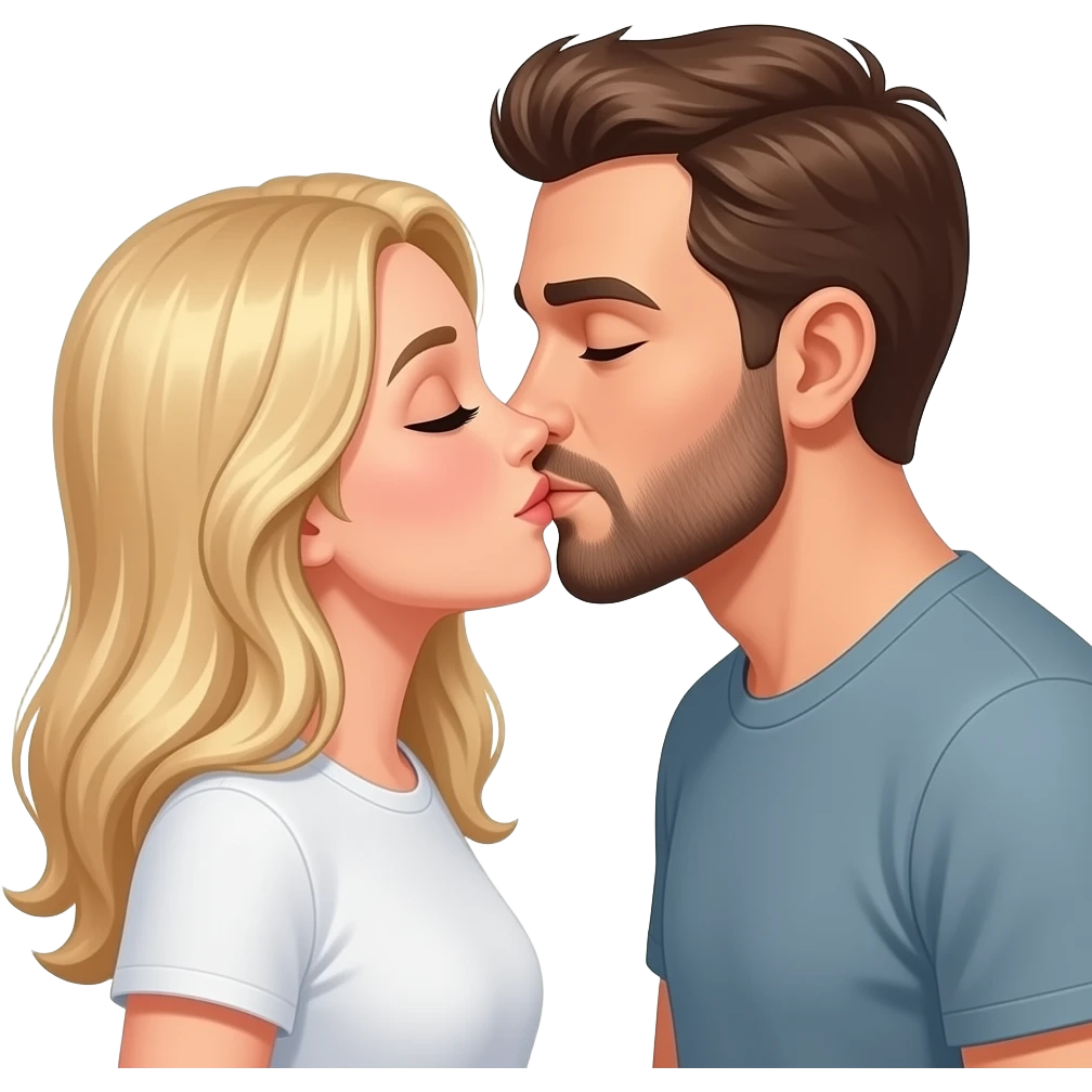 Man with brown hair and beard kissing blonde woman. The woman is wearing a T-shirt and kissing the man also. emoji