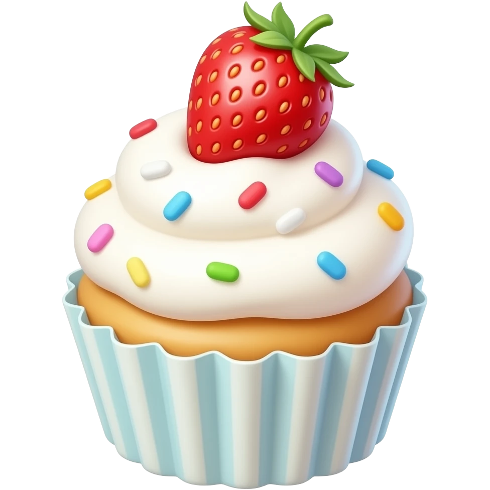 A super cute cupcake with fluffy white whipped cream, rainbow sprinkles, and a whole strawberry clearly placed on top of the cream (not embedded, not covered), fully visible strawberry, kawaii style, soft pastel colors, round shapes, smooth texture, emoji design, minimal background emoji