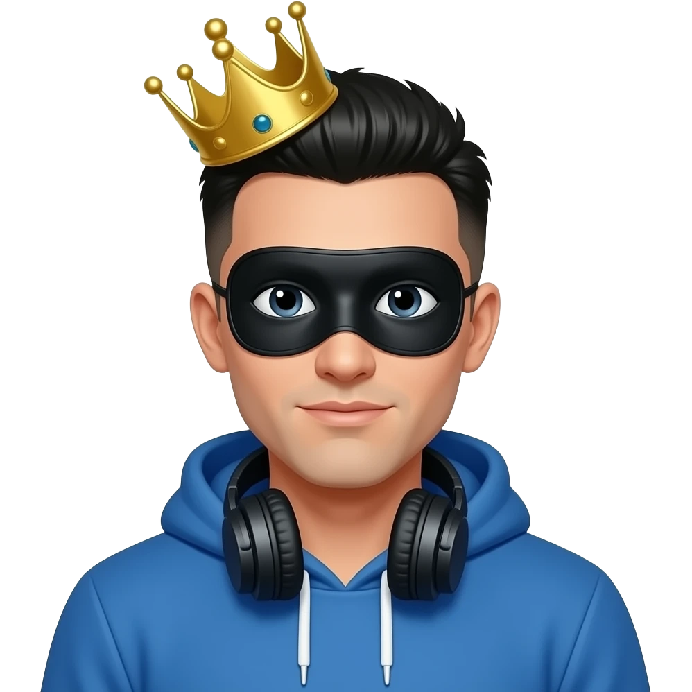 Make a man who has a blue hoodie with headphones on his neck have a crown with a black eyes cover black box and with a short white male black buzz cut and make him a white male Make the black covered box not attach to the head just on the head emoji