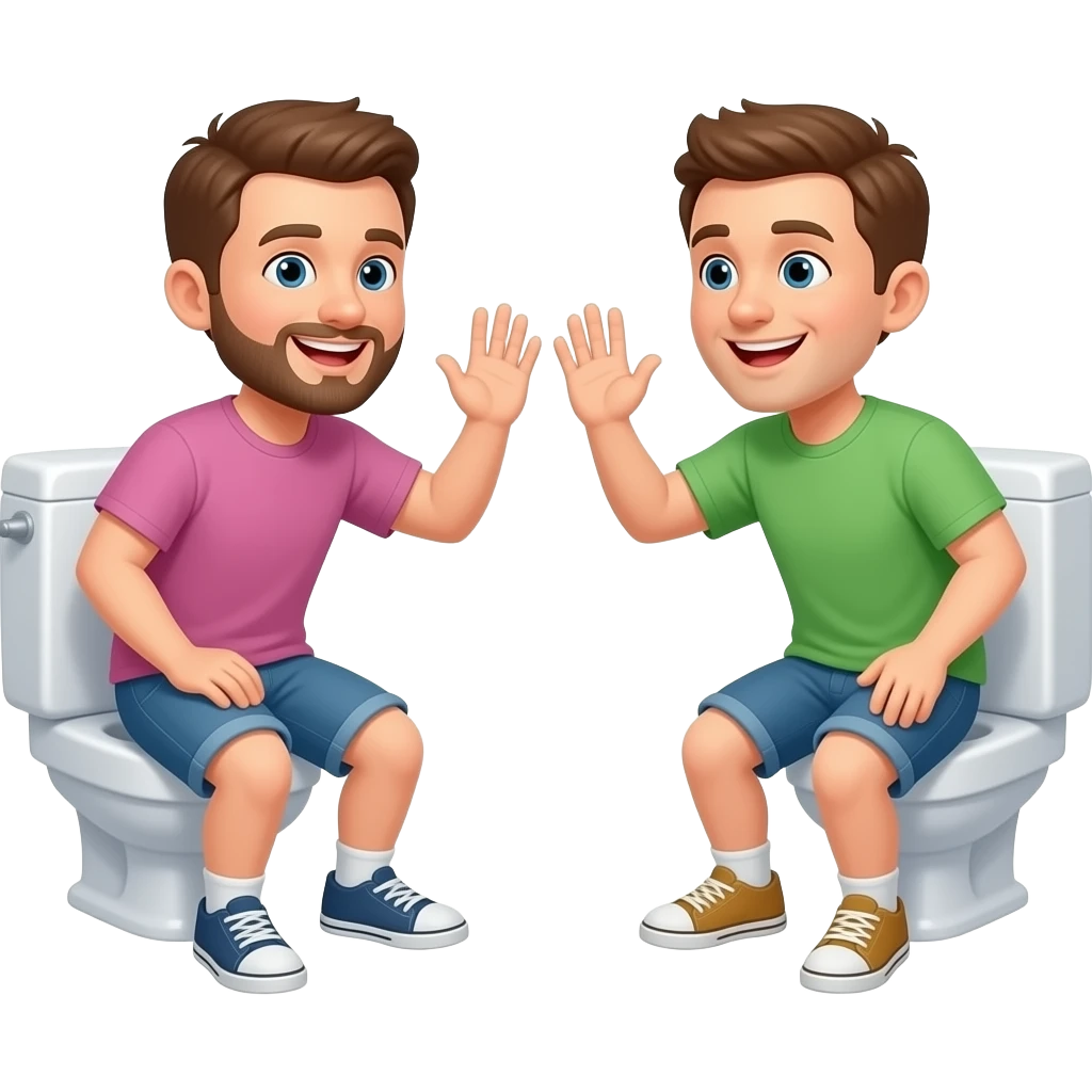 Two guys waving to each other pooping in a public restroom emoji