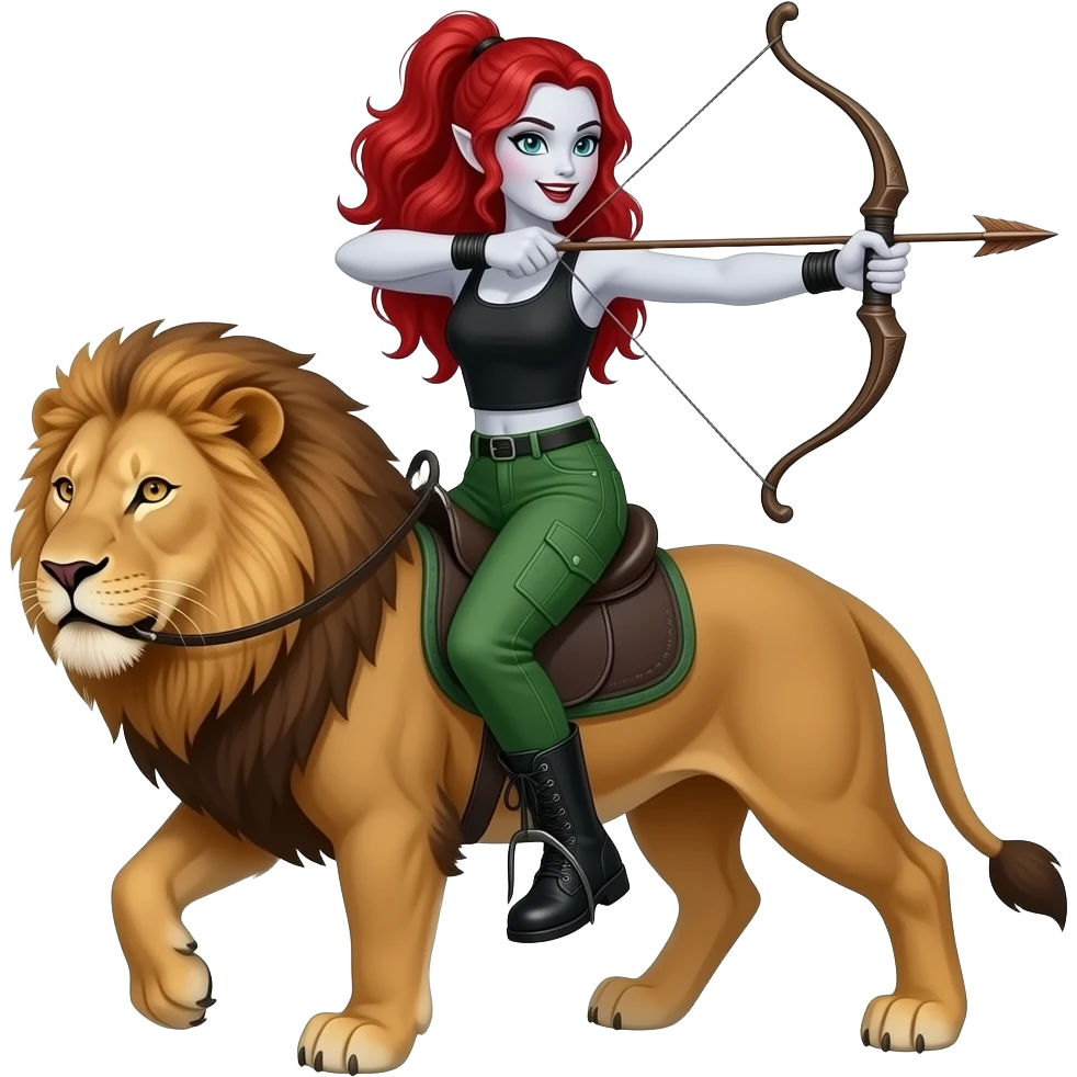 Vampiro femmina adolescente con pelle bianca e capelli rosso ondulati lunghi raccolti in una mezza coda che indossa dei jeans verdi larghi con 4 tasche verdi, un top-canottiera nero e degli STIVALI corti neri che scaglia una freccia dall' arcocavalcando un leone emoji