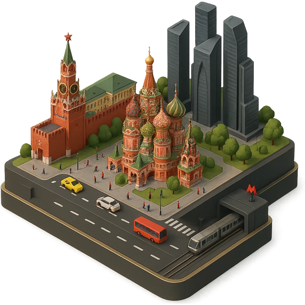 Изометричная миниатюрная 3D модель Москвы на подставке - фотореалистичный Кремль, собор Василия Блаженного, фотореалистичный Башни Москва-Сити, аккуратная детализация, яркие цвета, мультяшный реализм, гуляют люди и современный автотранспорт и метро, компактная композиция, вид сверху в изометрии emoji