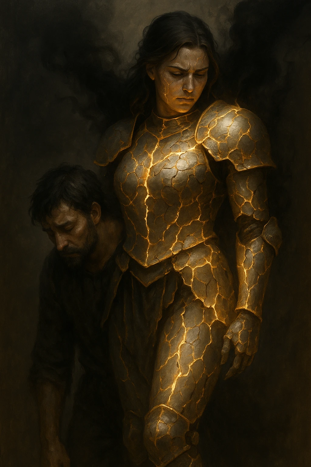 Vertical format: A woman with a glowing armor cracking under the weight of the man's negative energy, he has a defeated posture. emoji