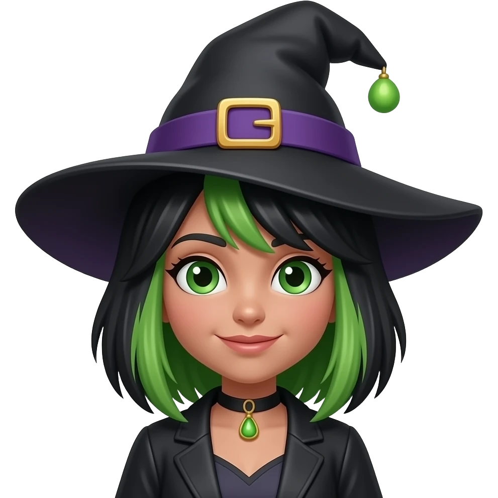 Mirabelle, a witch girl with black and green hair, emoji
