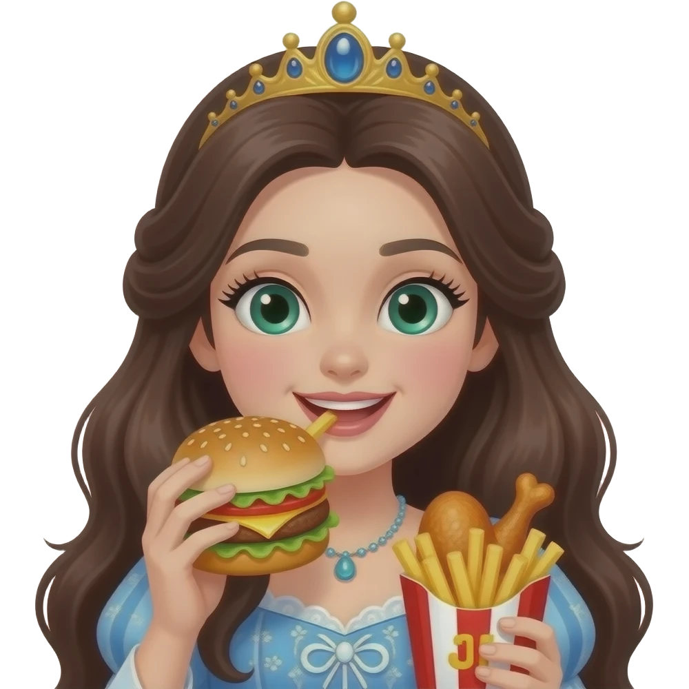 princess with long dark brown hair and green eyes with eyelashes eating burger and fries and chicken wings emoji