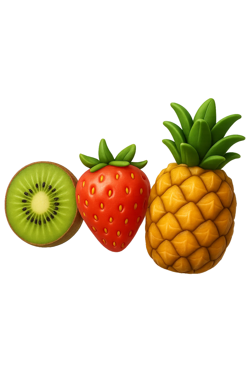 emoji stile iphone 3d di kiwi, fragole, ananas
 che fluttuano in aria, iperealistico 4k emoji