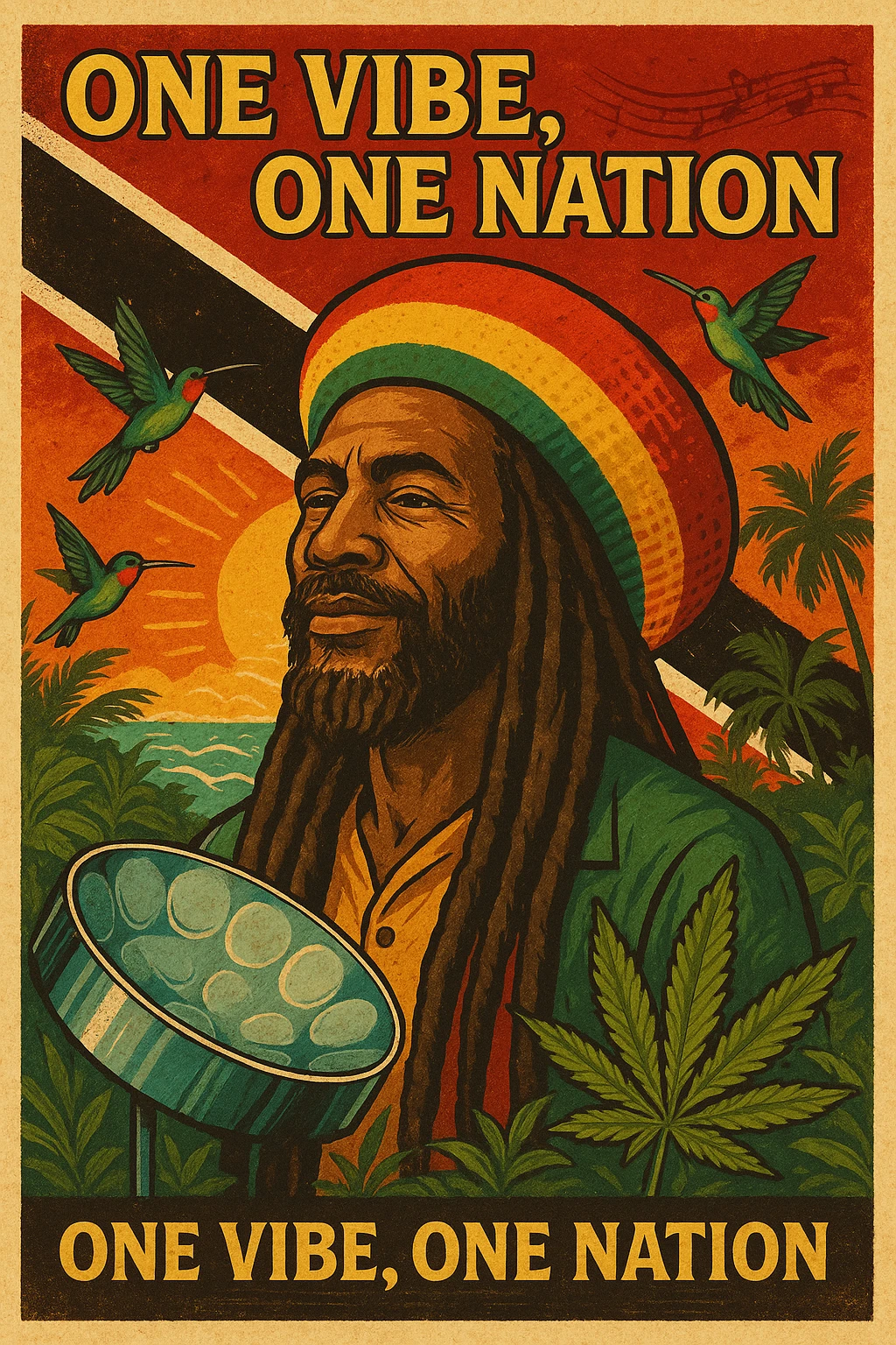 Create a vibrant digital illustration in vintage poster style featuring a proud Trinidadian Rasta man with long dreadlocks and a bold red, gold, and green tam. The background should incorporate the Trinidad and Tobago flag in a stylized, textured way — using deep red, black, and white tones that blend with tropical elements. Surround the figure with iconic cultural symbols like steelpan drums, ganja leaves, and hummingbirds in flight. Add warm Caribbean sunlight, ocean waves, and lush greenery to enhance the island energy. The Rasta man should radiate peace, power, and island wisdom — with bold facial features, calm expression, and a sense of spiritual presence. The overall tone should be rootsy, regal, and rich with island soul — merging reggae culture with Trinidadian pride. Optional accents: subtle soca rhythm lines in the background or a quote like “One Vibe, One Nation.” emoji