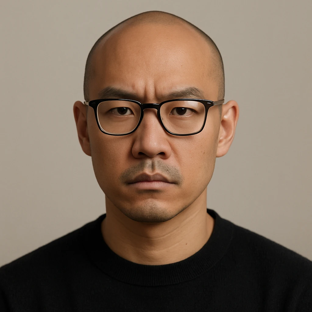Asian man with shaved head and glasses, serious look, plain background emoji