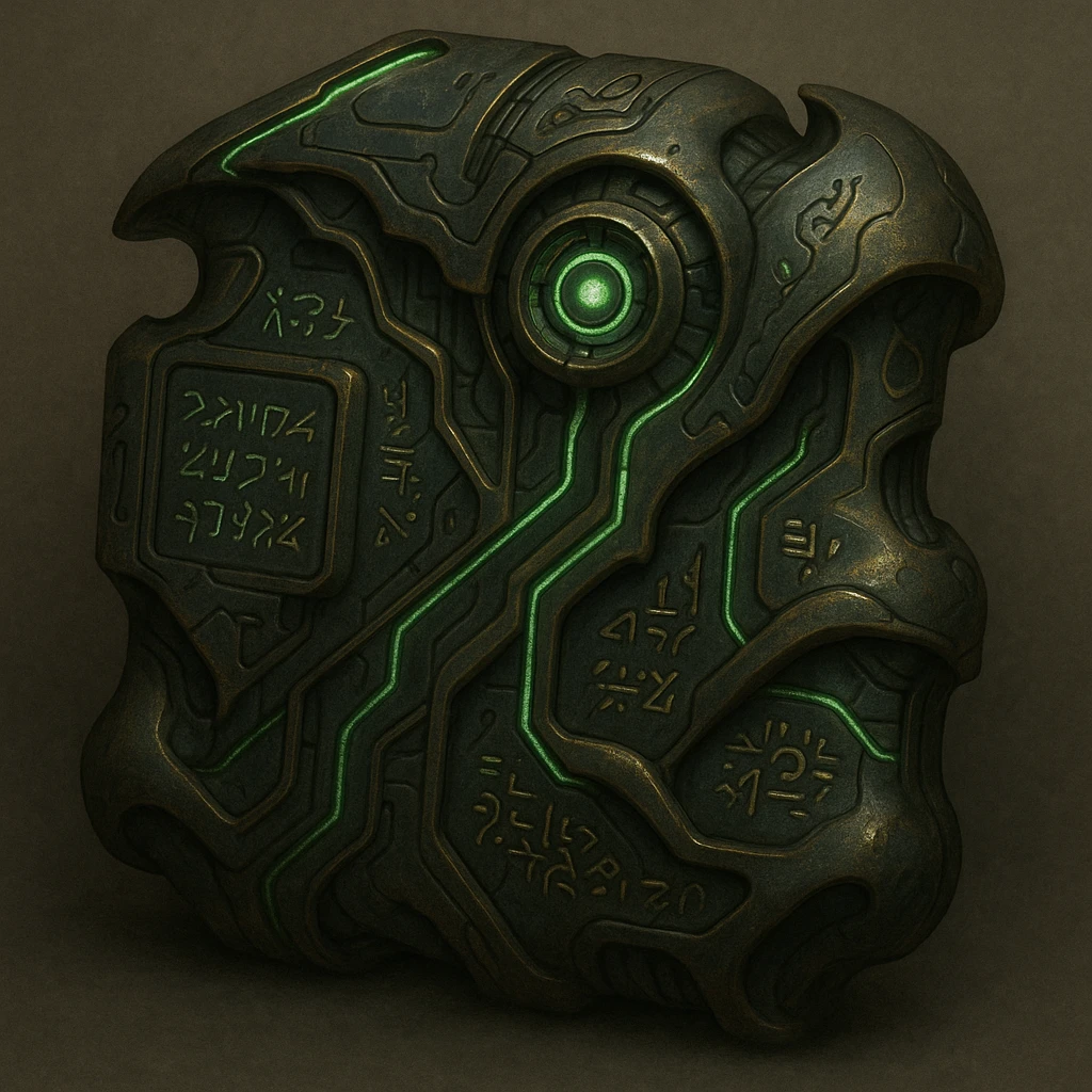 A S'pht Pfhor dialect radio transmission compiler: a mysterious, alien device inspired by the Marathon game universe, featuring intricate glyphs, glowing energy lines, and a mix of organic and mechanical elements. The device looks advanced and enigmatic, with a sci-fi aesthetic, subtle green and gold highlights, and a sense of ancient technology. emoji